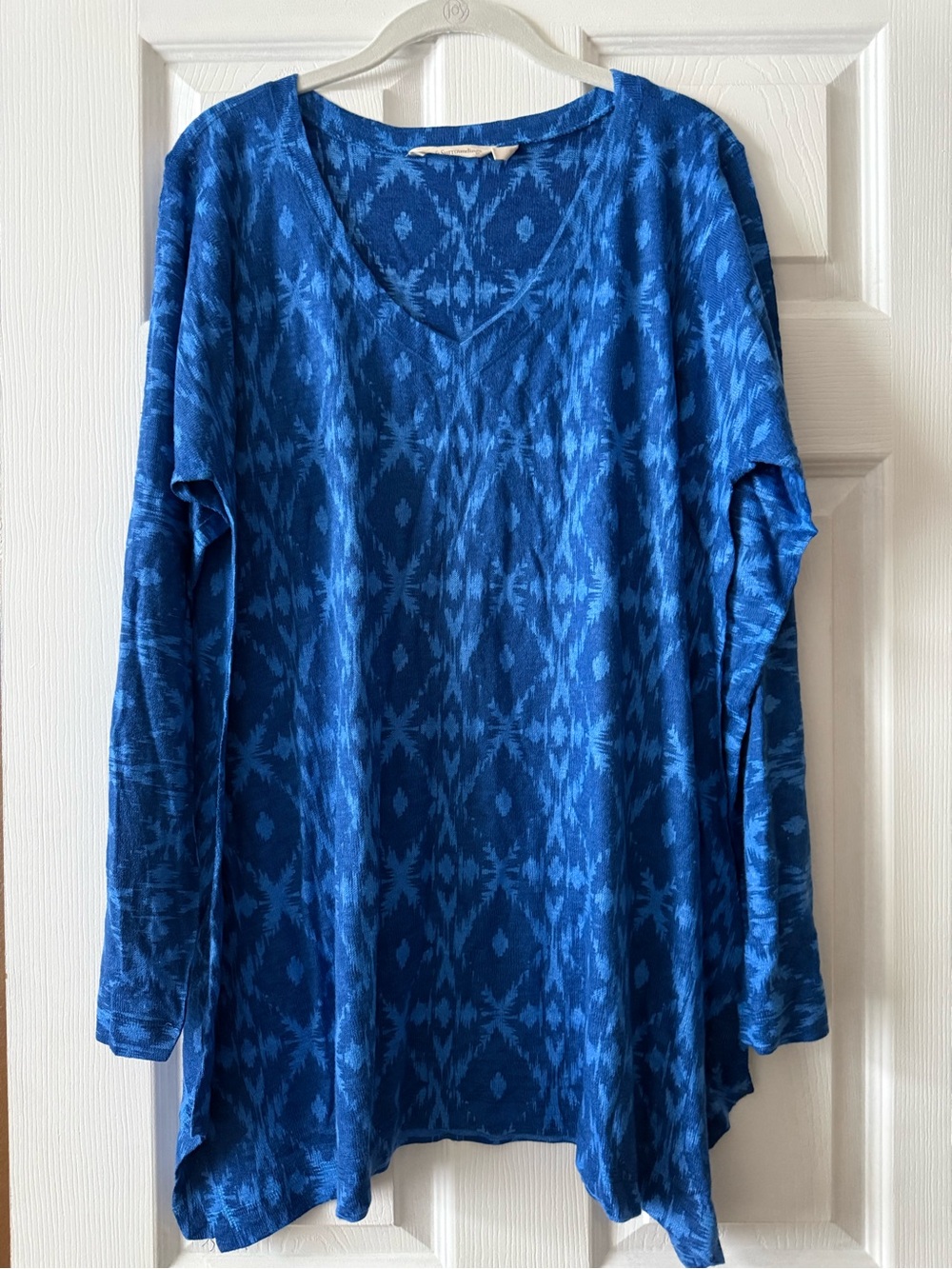Soft Surroundings Blue Southwest Ikat Print V-Neck Long Sleeve Tunic Top XL
